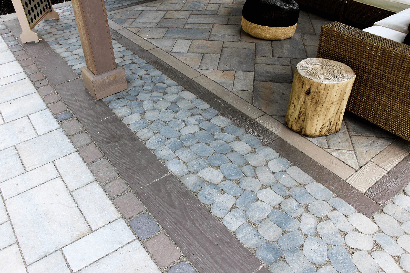 Mixed material walkway and floor of a pavilion and seating area - Burkholder Landscape