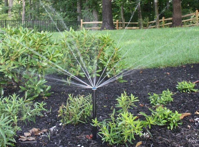 Sprinkler irrigation system watering flower bed | Properly Water New Plants | Burkholder Brothers Landscape