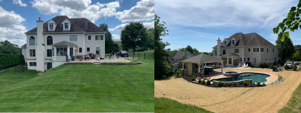 Before and after image of house with only grass in the backyard transformed with a pool and pavilion | Burkholder Landscape