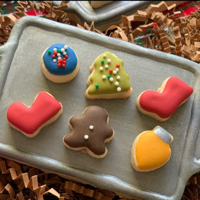 Decorated Cookie Pan with shaped decorated cookies on top | Butter and Love Bake Shop - Cookies at Burkholder Holiday Market