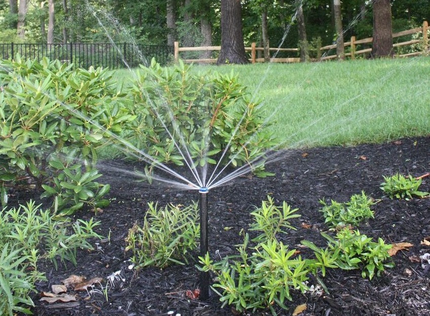 Photo of sprinkler watering flower bed | Rain Bird Sprinkler Systems | Burkholder Brothers