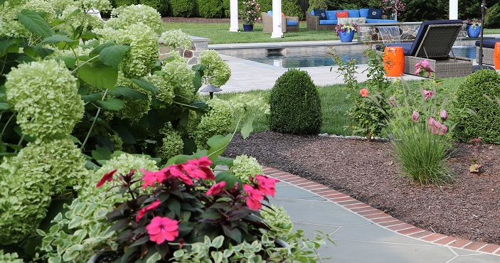 Flower beds with irrigation system next to pool | importance of proper watering | Burkholder Brothers