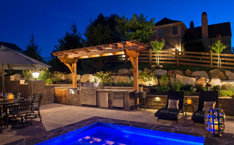 outdoor lighting with kitchen and pool