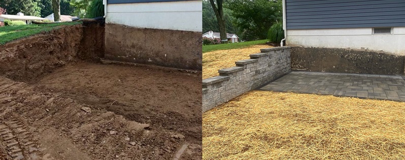 Before and after photos of land grading patio | Benefits of Land Grading | Burkholder Brothers