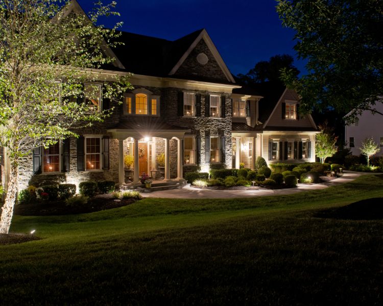 Lighting (Front Foundation) Up-lighting on trees, path lights and up-lighting to wash foundation of house